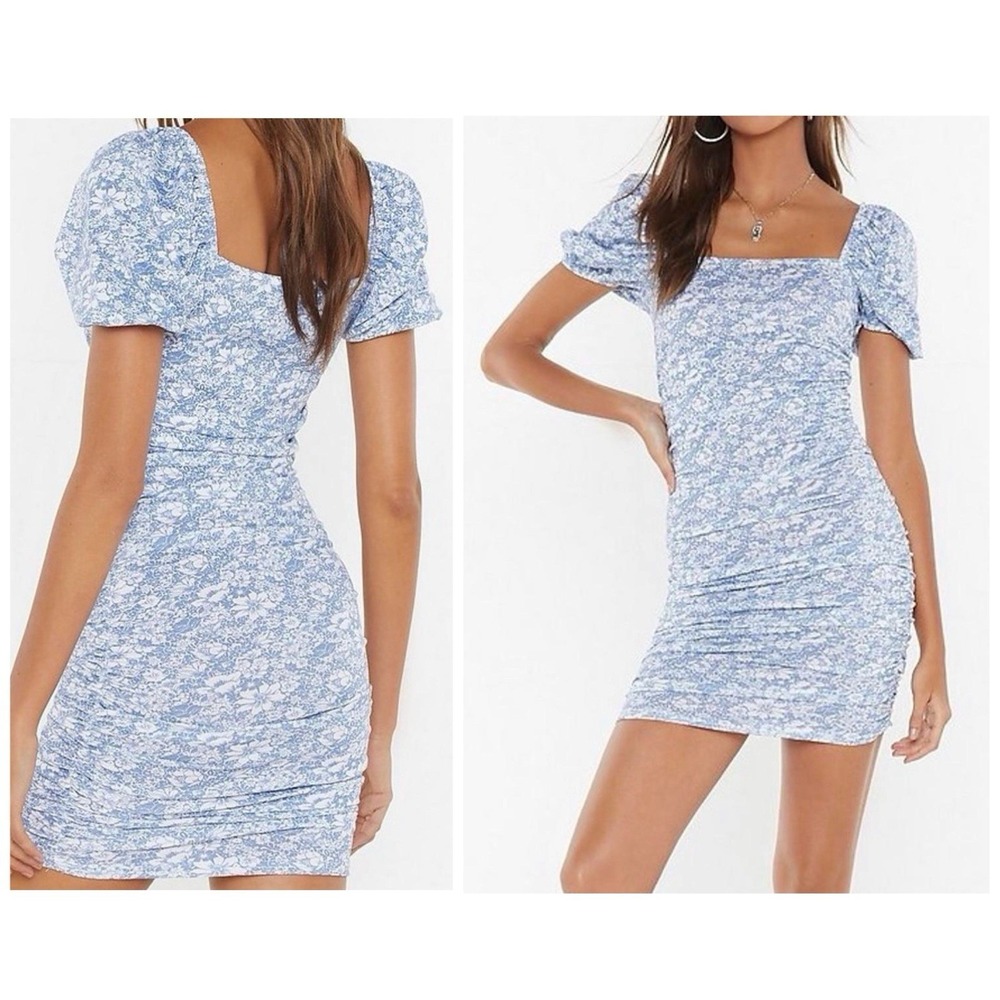 Nasty Gal Got A Puff On You Floral Ruched Bodycon Mini Dress Size 0 Blue Resort